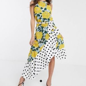 Forever U Collection Asymmetric Dress Bright Floral and Polkadot Mix